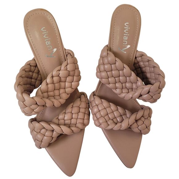 Viviany Women's Nude Braided Mule Heels With Pointed Toe & Stiletto Heel Size 8 - Picture 2 of 12